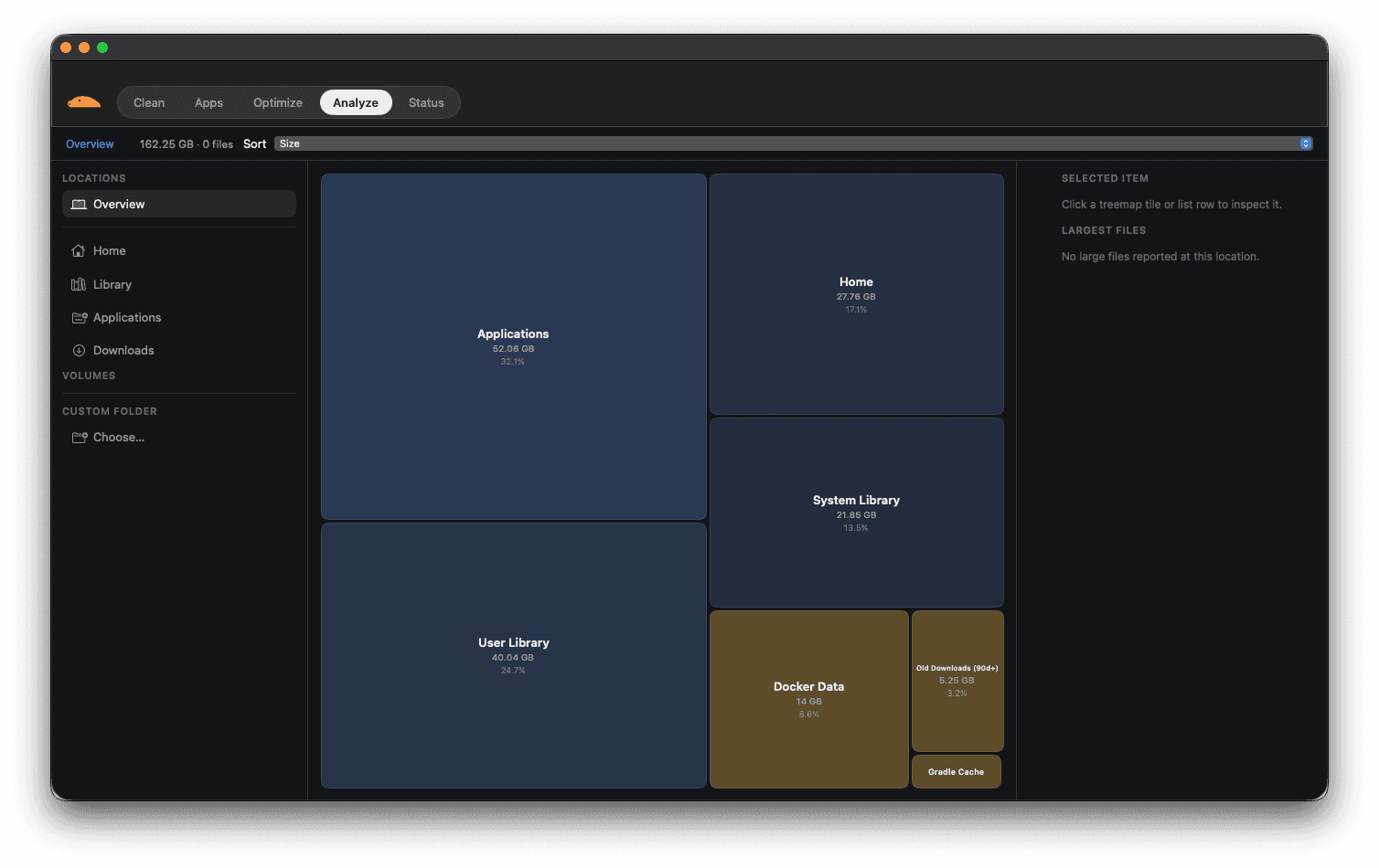 Mole Analyze tab showing an interactive treemap of Applications, User Library, System Library and Docker Data