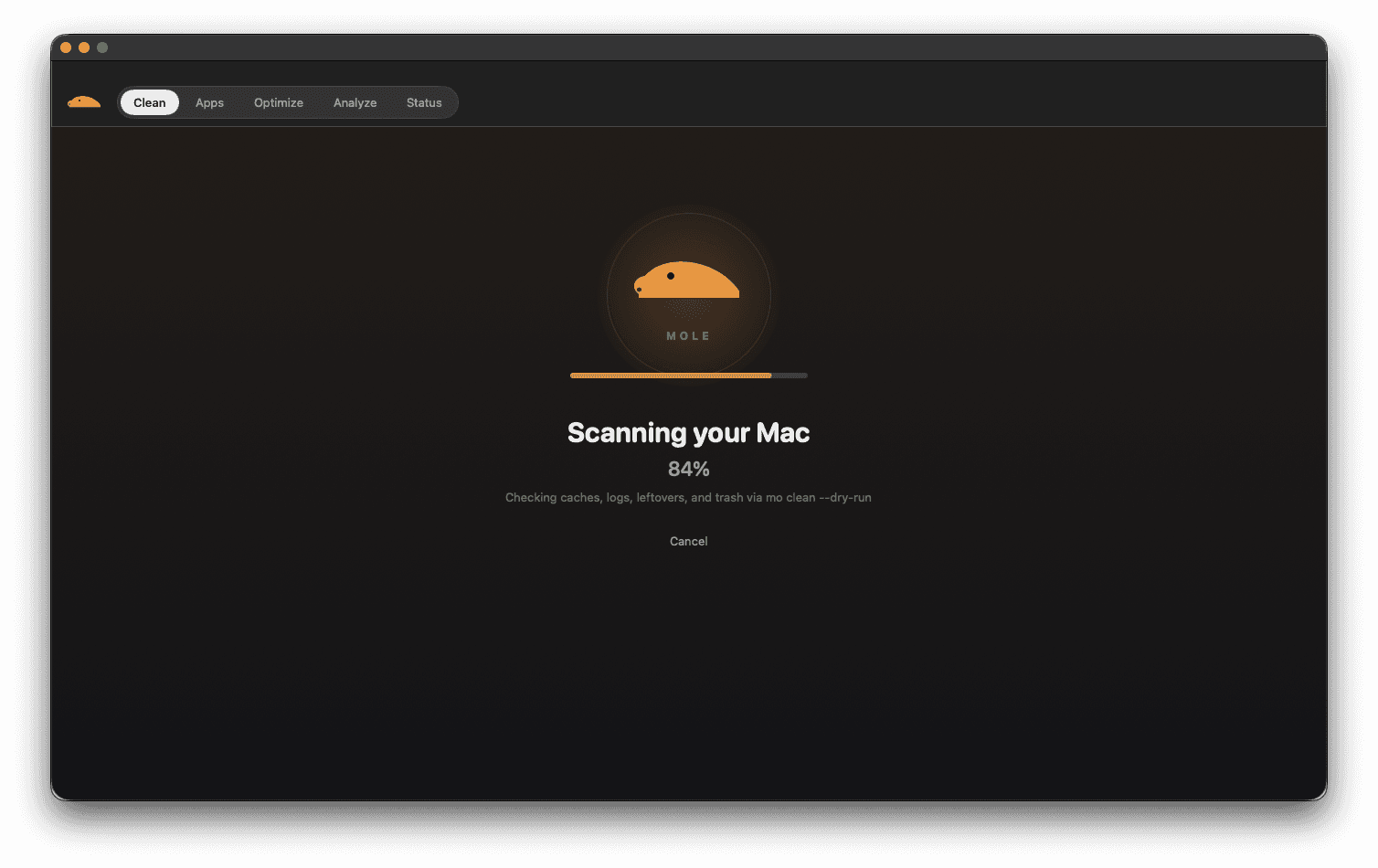Mole app scanning a Mac for caches, logs, leftovers and trash