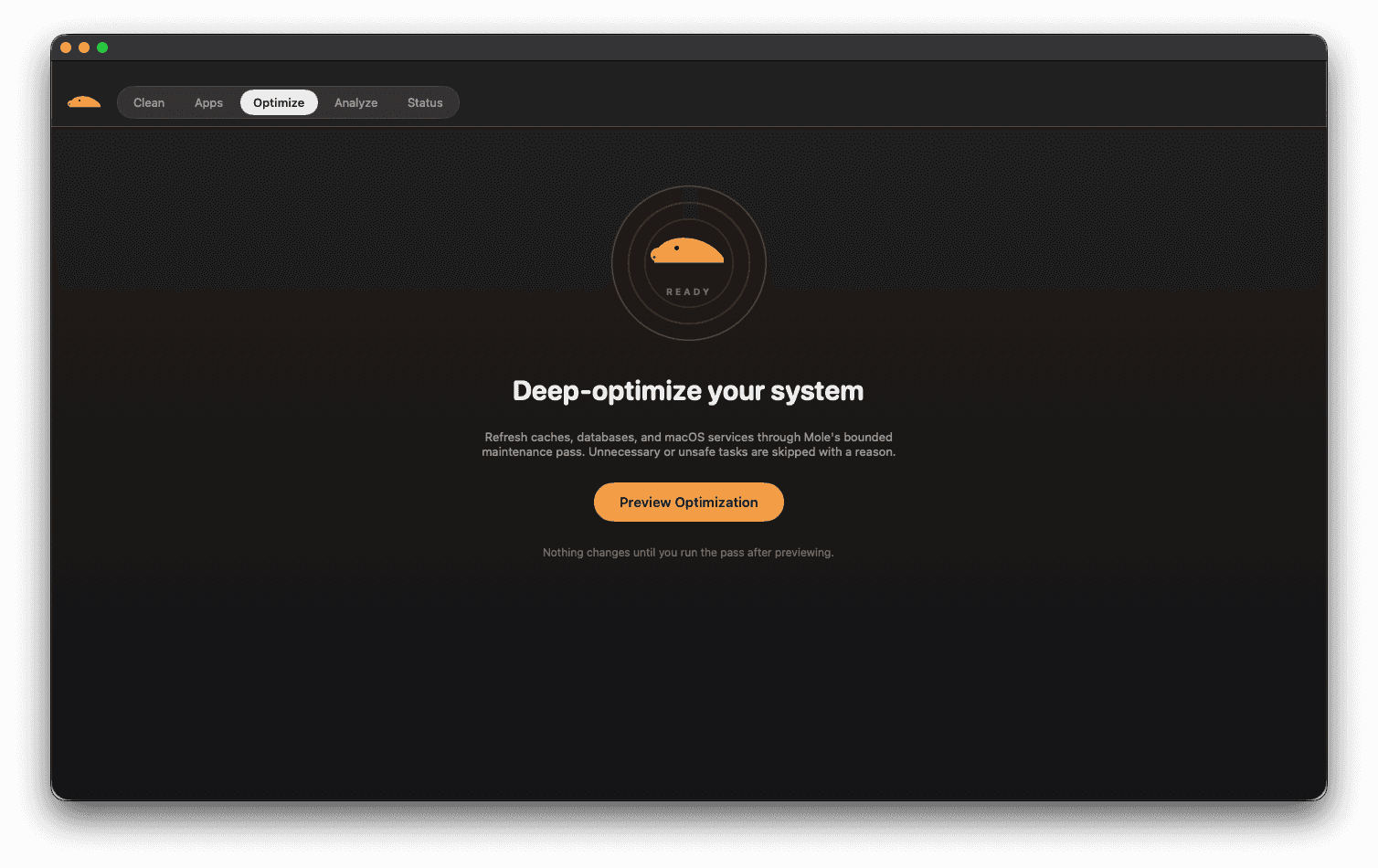 Mole Optimize tab ready to deep-optimize the system with a preview-first pass