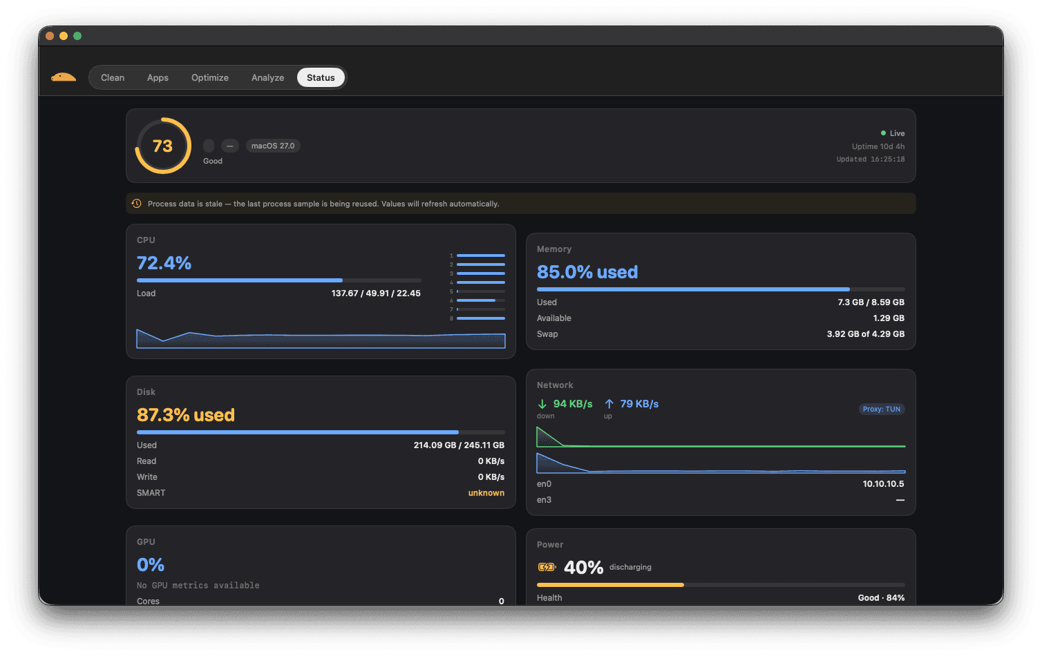 Mole Status tab showing live CPU, memory, disk, network, GPU and power metrics